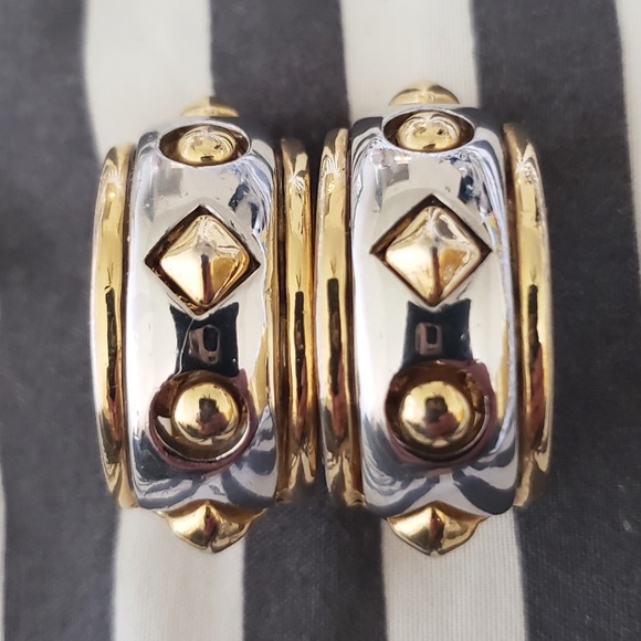 Vintage Jewelry - Vintage Gold and Silver Studded Half-hoop Earrings